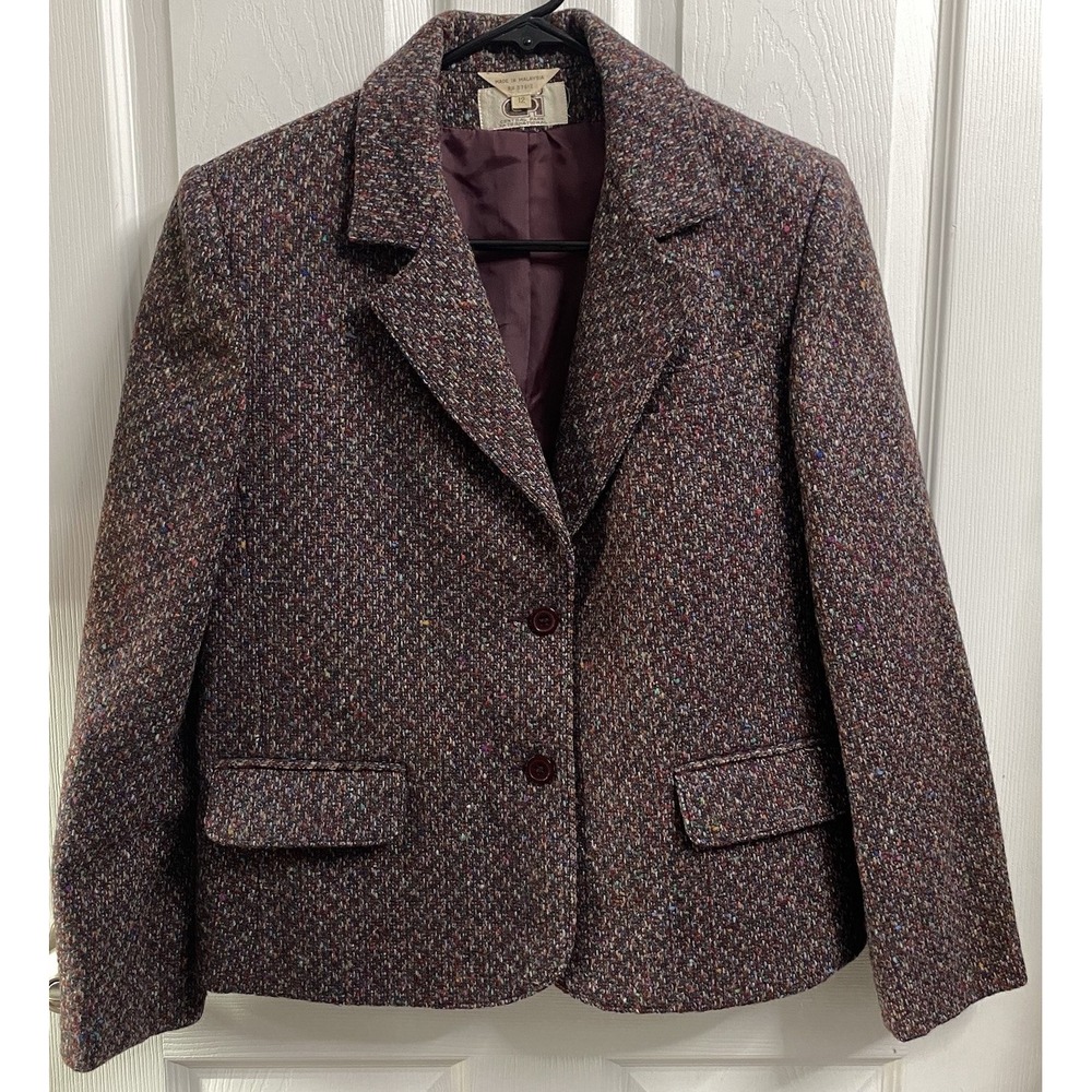 Vintage Central Park 100% Wool Tweed Career Blazer Y2k Purple Shoulder Pads 12